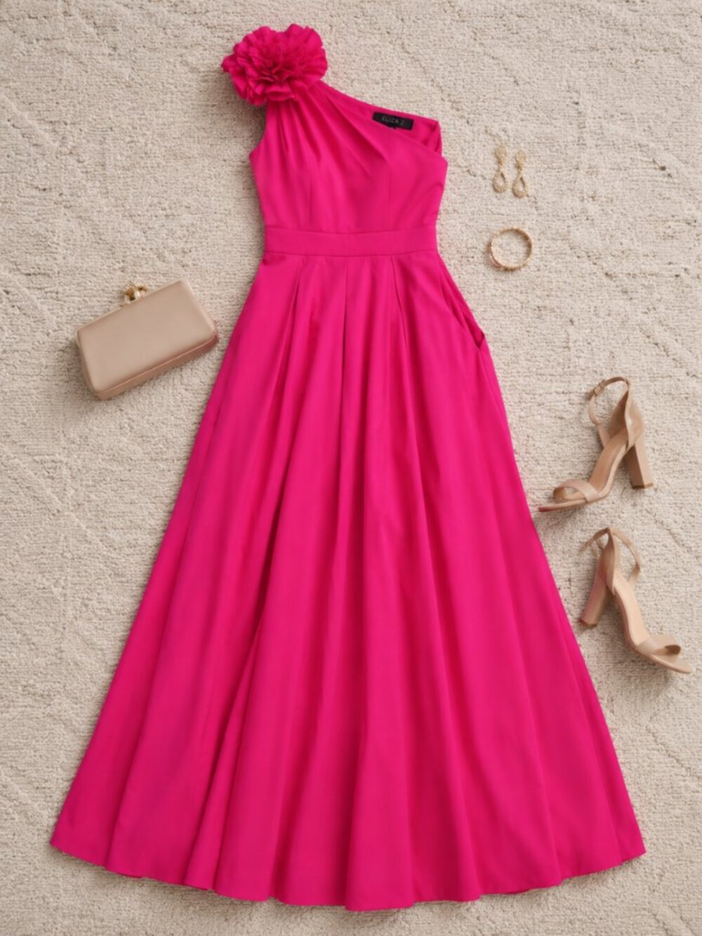 Eliza J Lipstick Red Asymmetric Rosette One Shoulder Gown Size 8 NWT